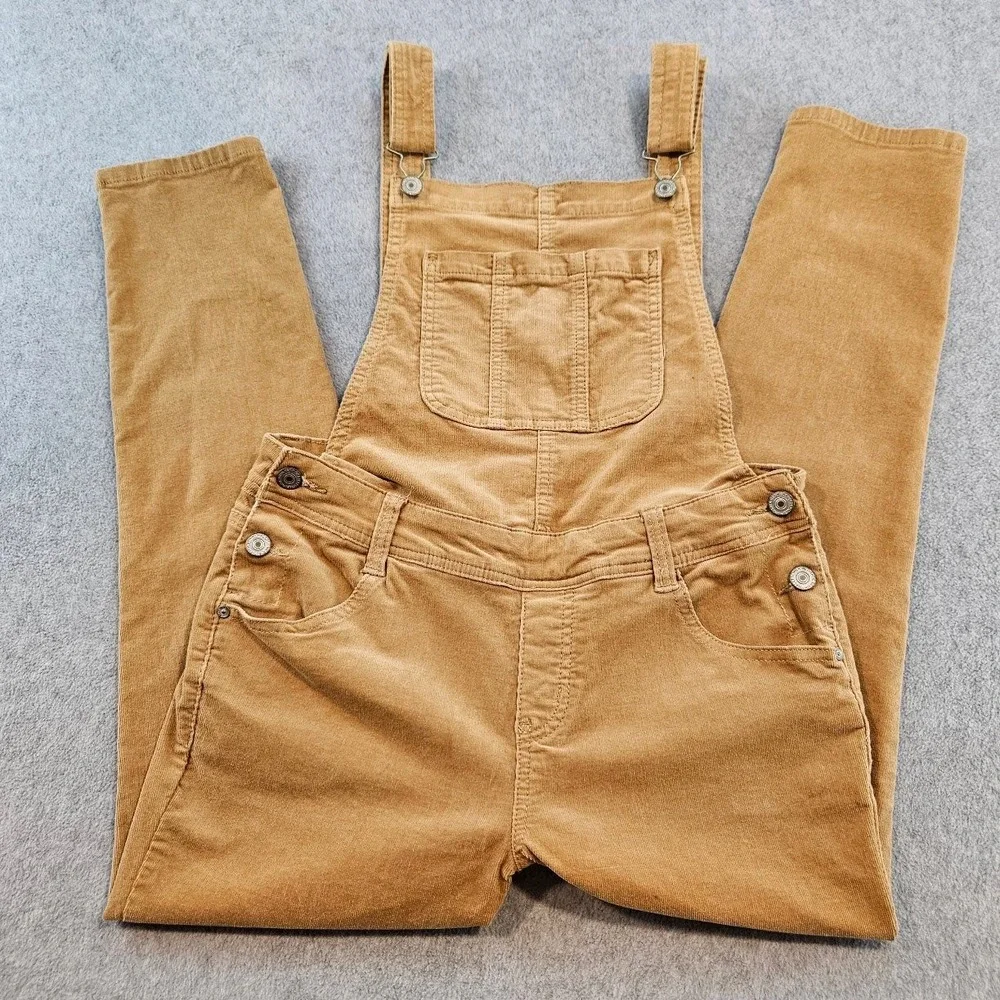 WallFlower Womens Corduroy Overalls Camel Tan Slim Leg Bib Dungarees L